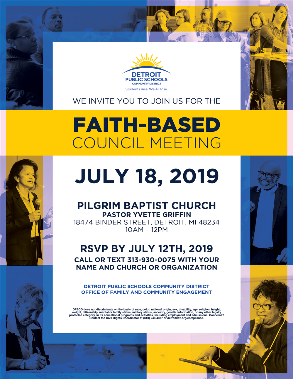 Flyer of upcoming Faith Based council meeting on July 18th at Pilgrim Baptist church in Detroit MI Flyer of upcoming Faith Based council meeting on July 18th at Pilgrim Baptist church in Detroit MI
